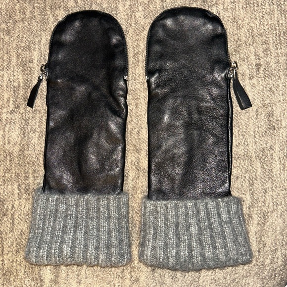 Anthropologie Black Leather Mittens with Gray Knit Cuff - Picture 2 of 4